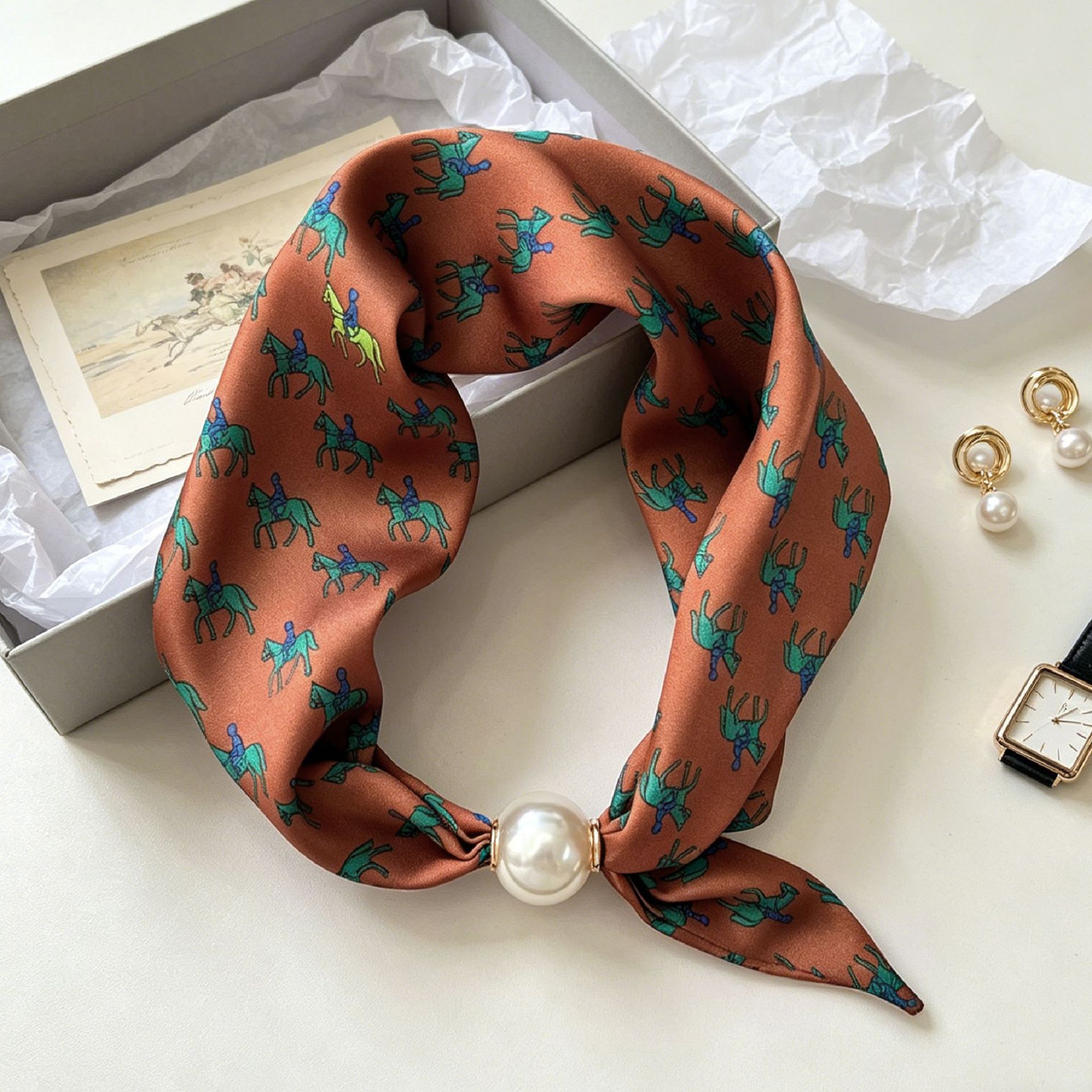 Face Scarf Mask - 高級騎士パール磁気スカーフ女性夏多用途通気性ネッカチーフファッション芸術アクセサリーネックラップスカーフ